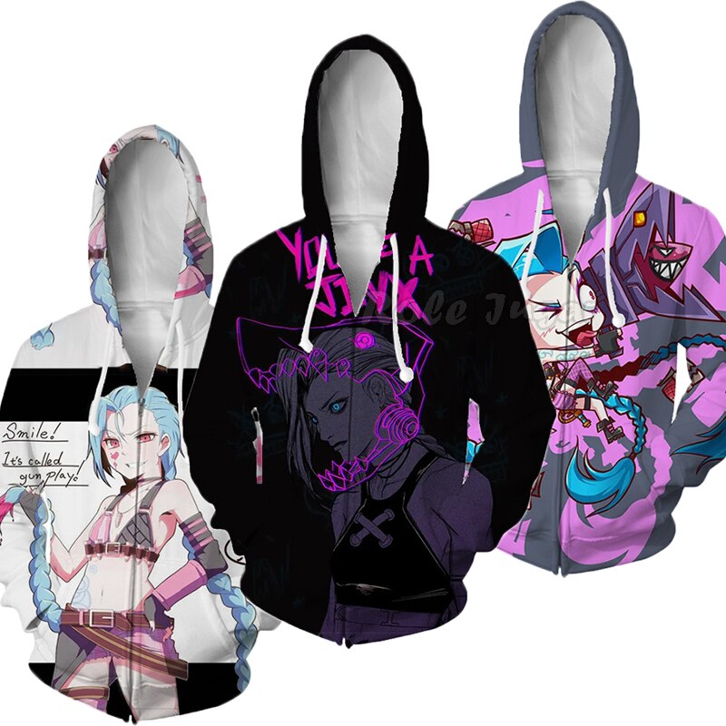 Arcane Zipper Sweatshirt Cosplay LOL Jinx Hoodie Costume Long Sleeve Harajuku Sweatshirt Streetwear Halloween Jacket Coat